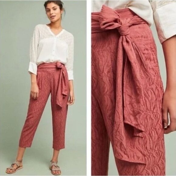 Anthropologie Ett:twa Aubade Tie Waist Pink Floral Crop Pants Size 4 - Picture 1 of 7